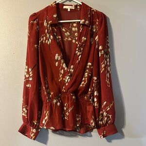 Lavender Brown Red Floral Blouse Sheer Size Large